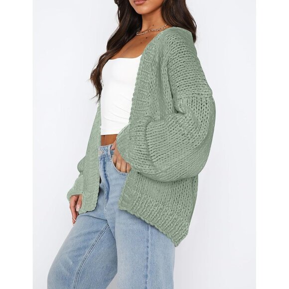 Womens Trendy Cardigan Sweaters Sage Green Long Sleeve Chunky Knit Outfits - Picture 3 of 8